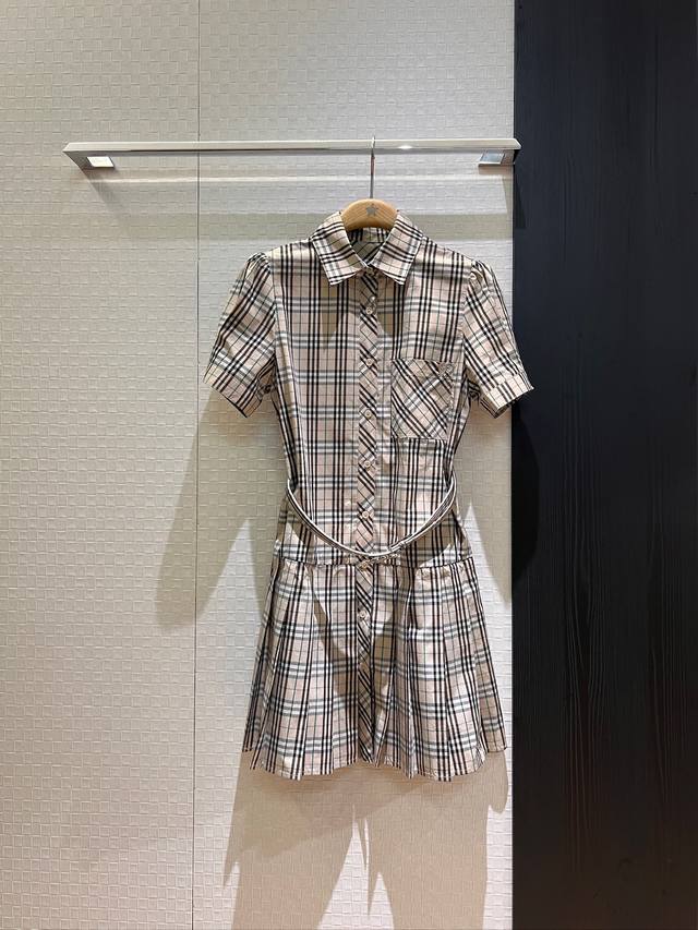 New Logo Embroidery Pocket Plaid Lapel Puff Sleeve Dress Baby Doll Skirt Hem Spl