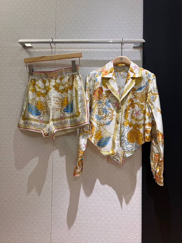 shirt pants P390 New style starfish shell positioning print silk twill short shi