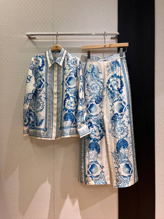 shirt and pants new style starfish shell positioning print silk twill shirt posi
