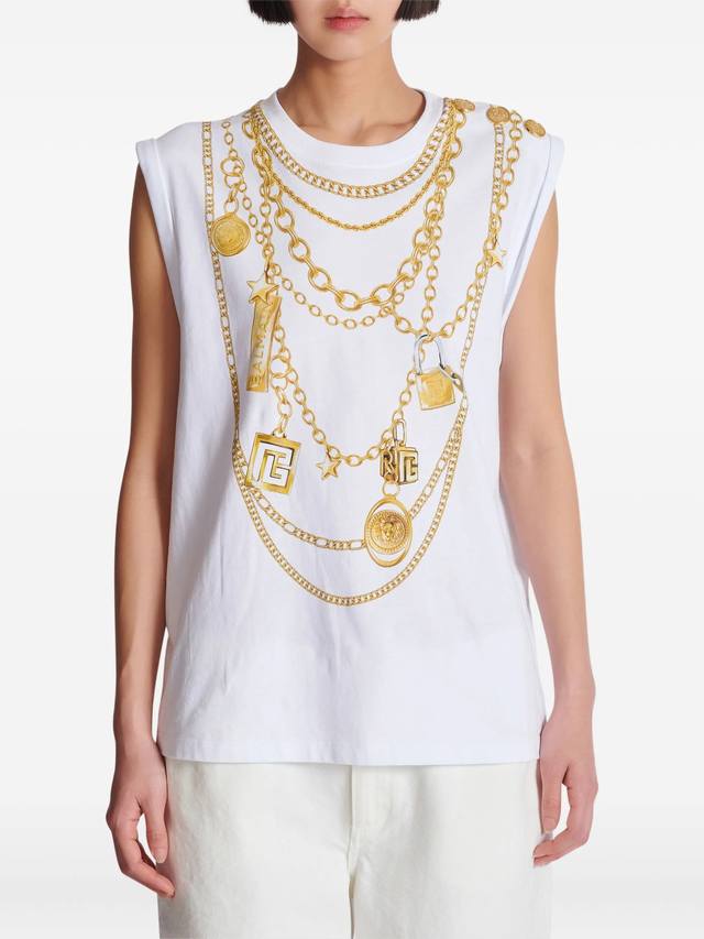 Printed shoulder button sleeveless T-shirt! Cotton Sml