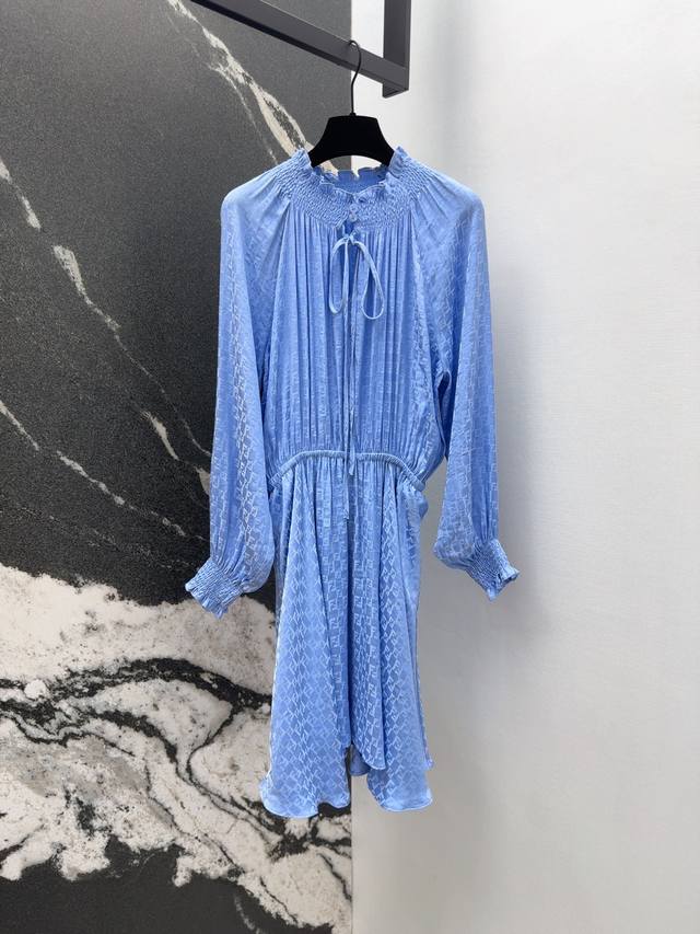 Fd 25Ss Spring and summer new arrival Glacier Blue Ff dark jacquard V-neck dress