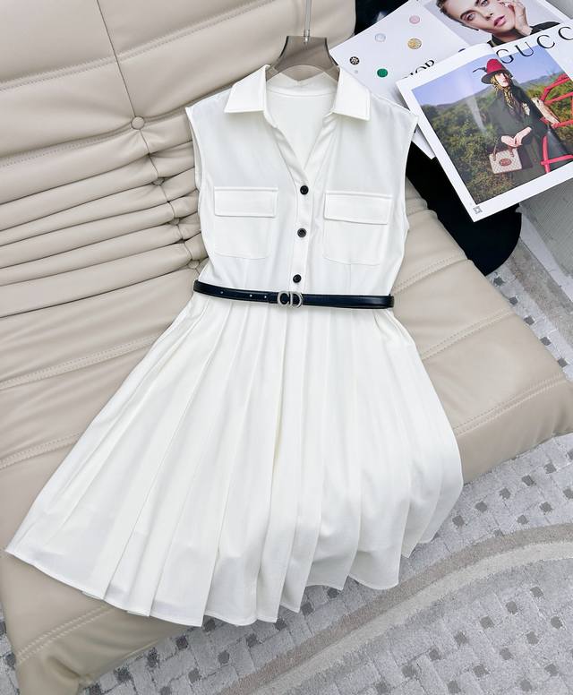 2025 new style fashion elegant temperament lapel sleeveless pleated dress, small