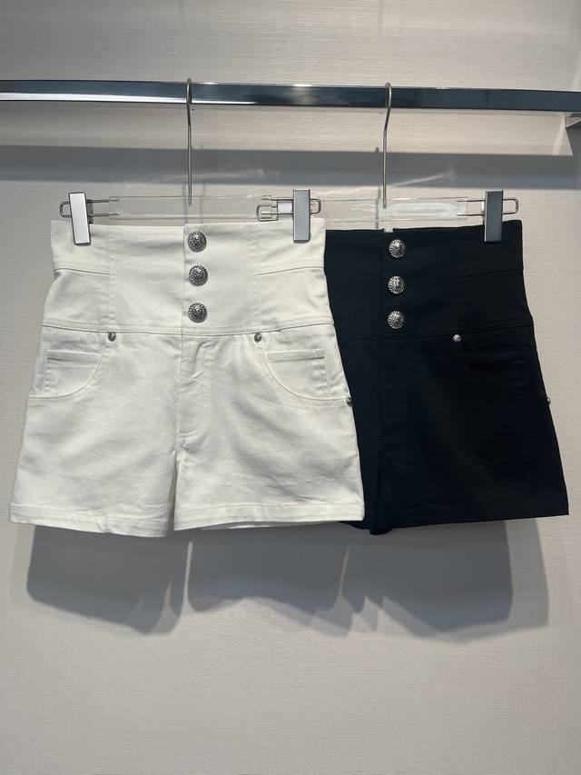 2025 summer new style B family silver buckle high waist denim shorts super slim