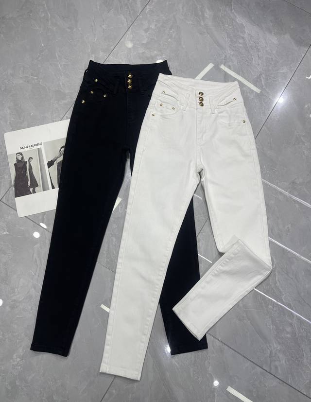 Clein*25 latest high waist multi-button skinny pants Customized metal buttons, h