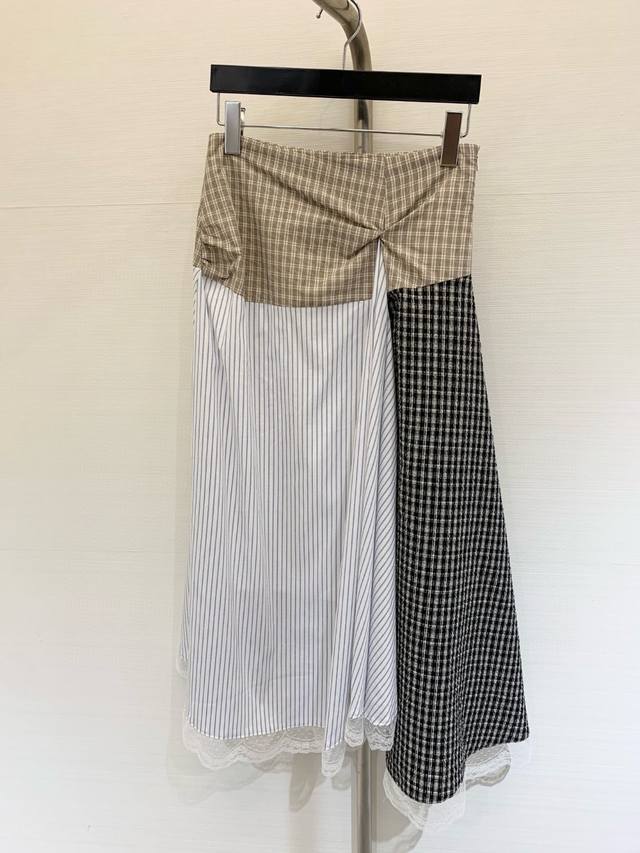 New summer irregular patchwork lace skirt with bold design. Plaid contrasting co