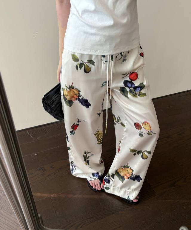 New 2025 New Retro Niche ~ Painted Fruit Printed Satin Drape Cool Elastic Waist