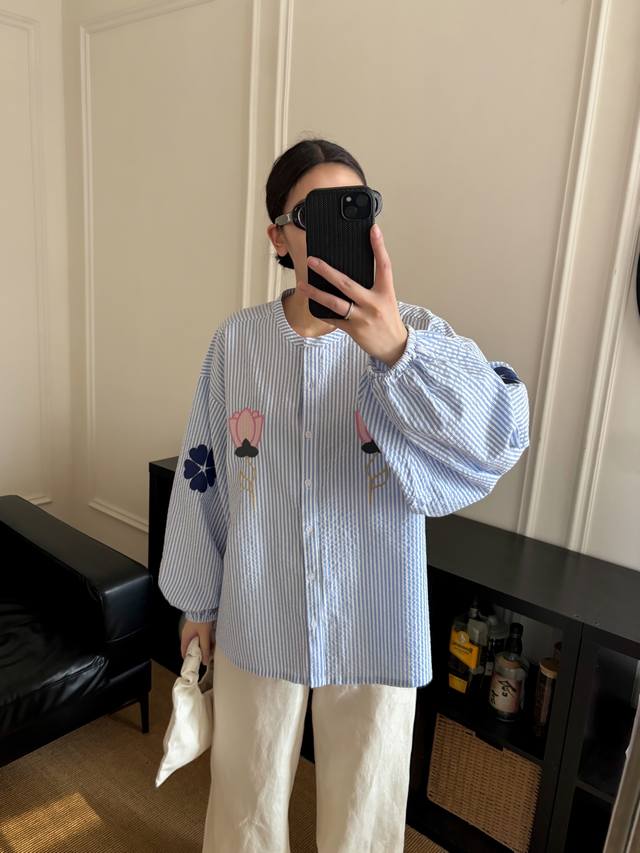 New New French retro striped floral puff sleeve shirt Sml