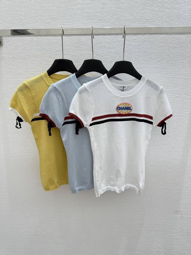 Ch's new summer round neck hollow knitted short sleeves Color: white blue yellow