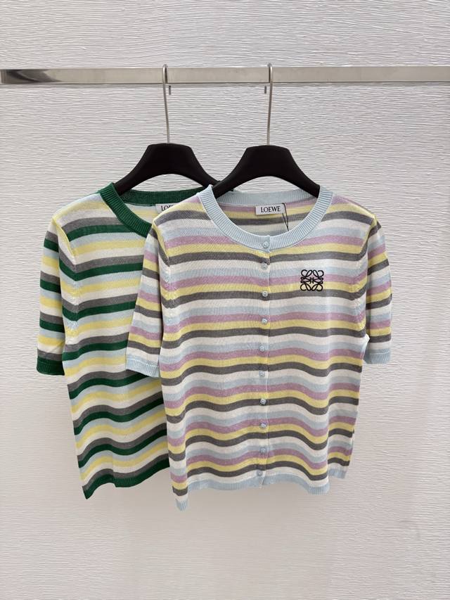 Lo's new summer striped knitted short-sleeved shirt Color: white green Size: 36.