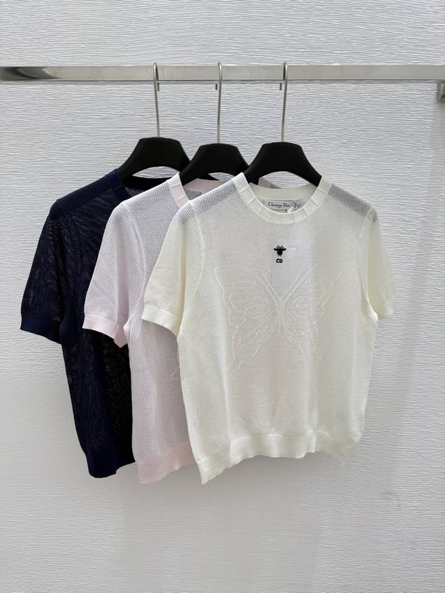 D's new summer round neck knitted short sleeves Color: white pink blue Size: 36.