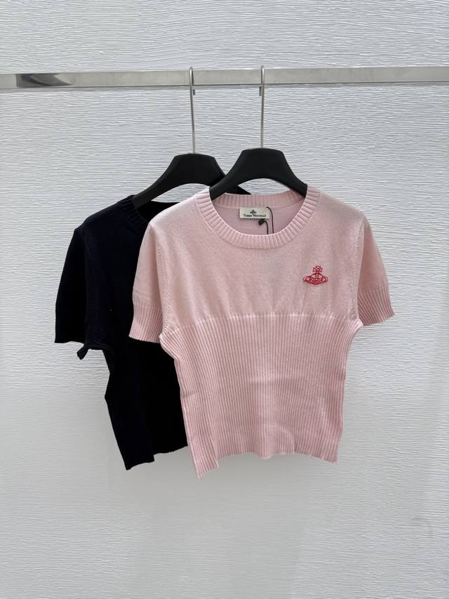 Vi's new summer round neck knitted short sleeves Color: pink black Size: 36.38.4