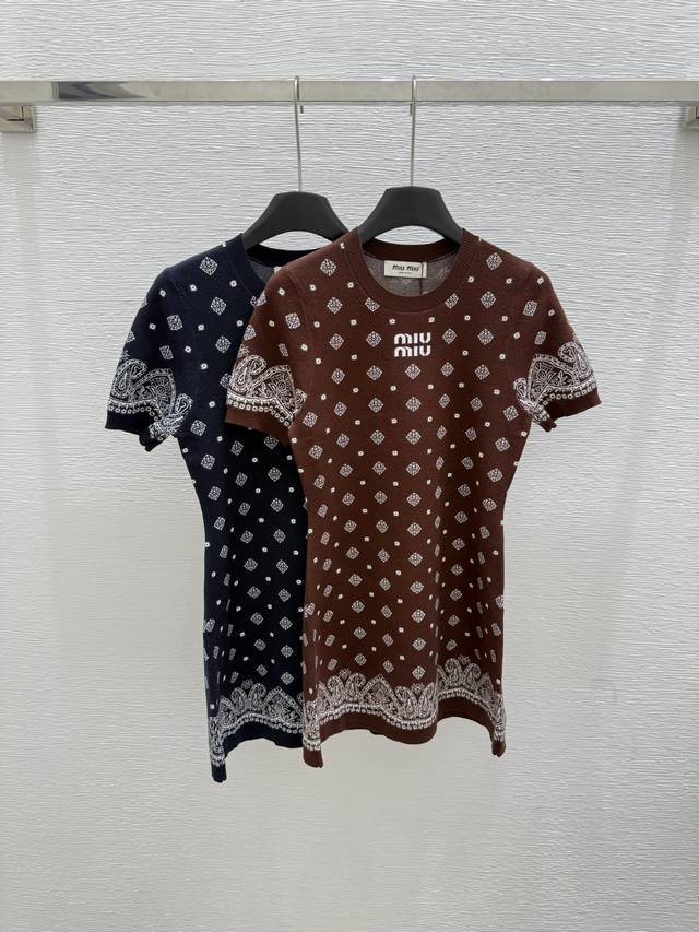 M's new summer round neck printed knitted dress Color: coffee color royal blue S