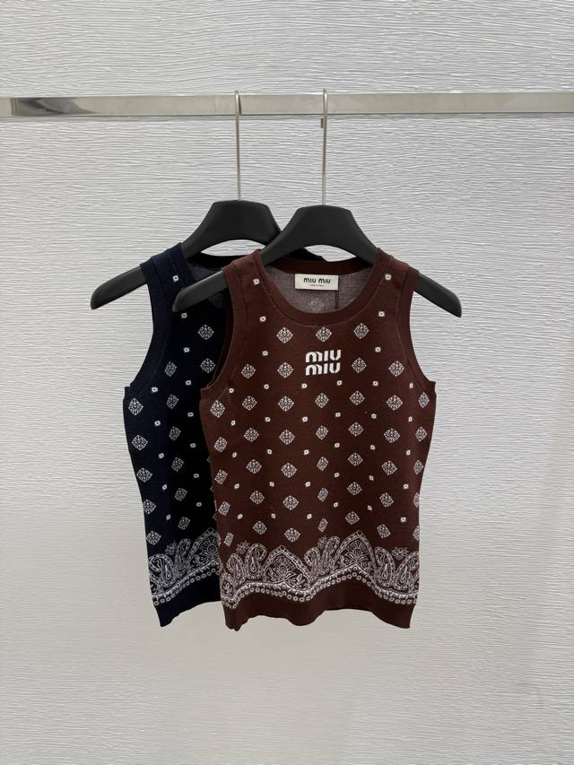 M's new summer round neck printed knitted vest Color: coffee color royal blue Si