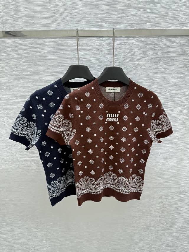 M's new summer round neck printed pattern knitted short sleeves Color: coffee co