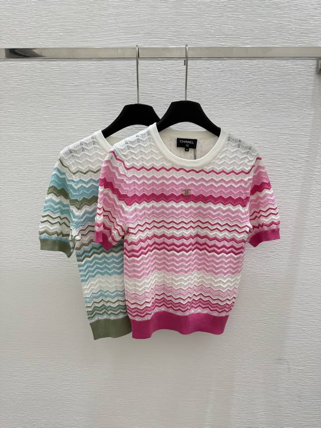 CH's new summer round neck corrugated knitted short sleeves Color: pink green Si