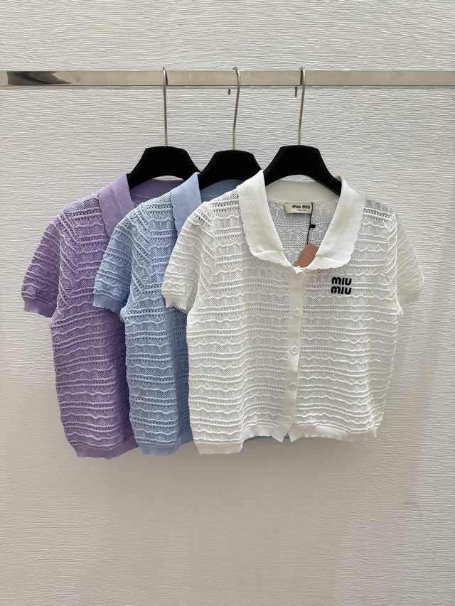 M's new summer lapel knitted short-sleeved cardigan Color: white purple blue Siz