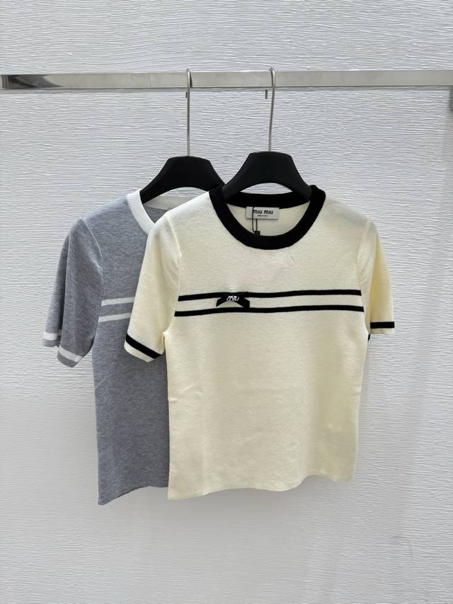 M's new summer bow knitted short sleeves Color: white gray Size: 36.38.40