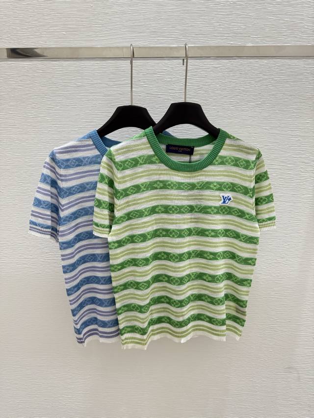 L's new summer striped knitted short-sleeved shirt Color: Green Blue Size: 36.38