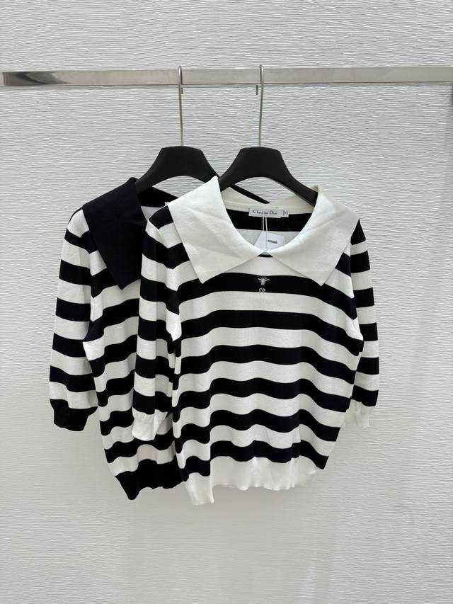 D's new summer lapel knitted striped short sleeves Color: white black Size: 36.3