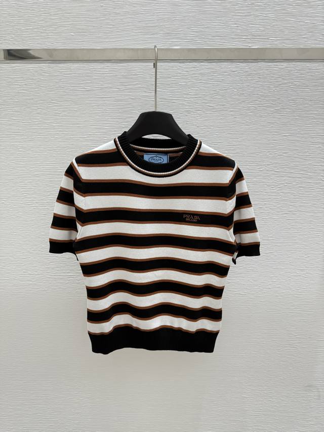 Home Summer new round neck striped knitted short sleeves Color: Brown Size: 36.3