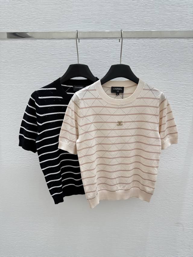 Ch's new summer striped knitted short sleeves Color: white black Size: 36.38.40