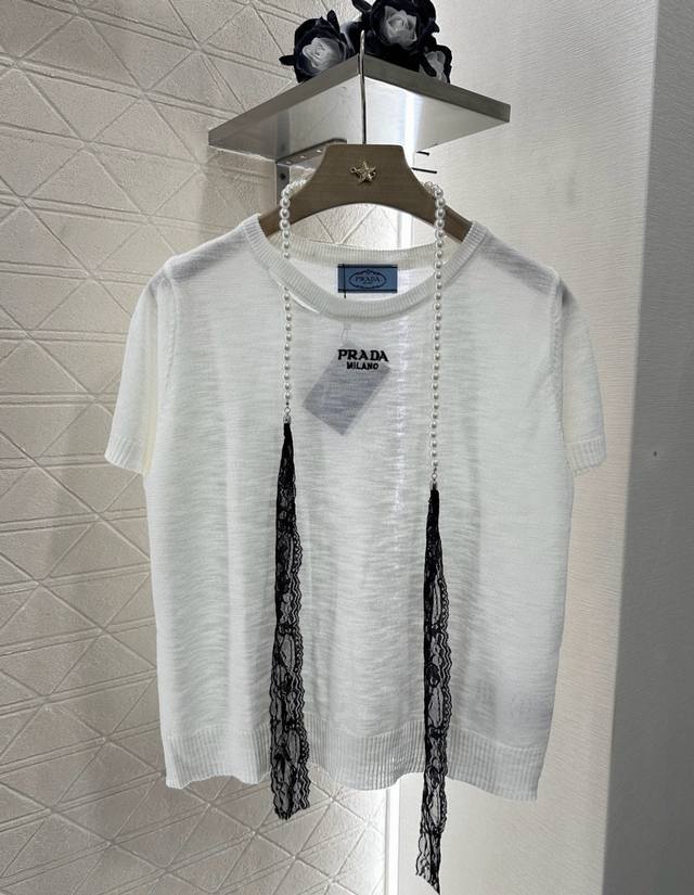 Prad* 2025 new arrivals Lace pearl chain knitted short sleeves Customized Yb lin