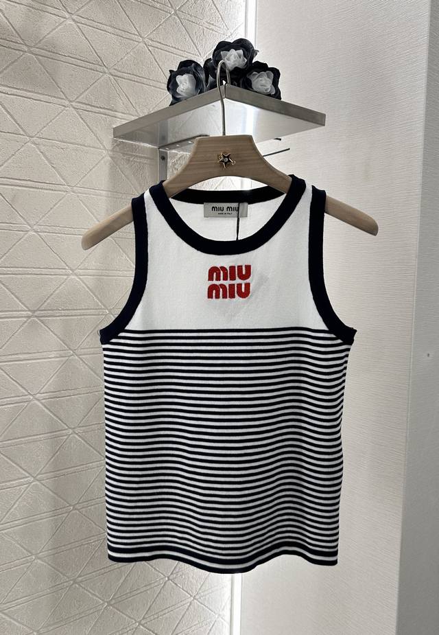 Miumi* 2025 new arrivals striped off-shoulder knitted vest Customized Yb silk an