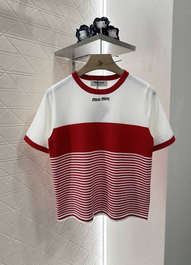 Miumi* 2025 new products on the shelves striped knitted short sleeves Customized