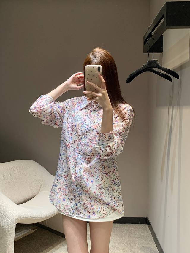 Chane* 25Ss new spring and summer fish graffiti print long-sleeved shirt | Exclu