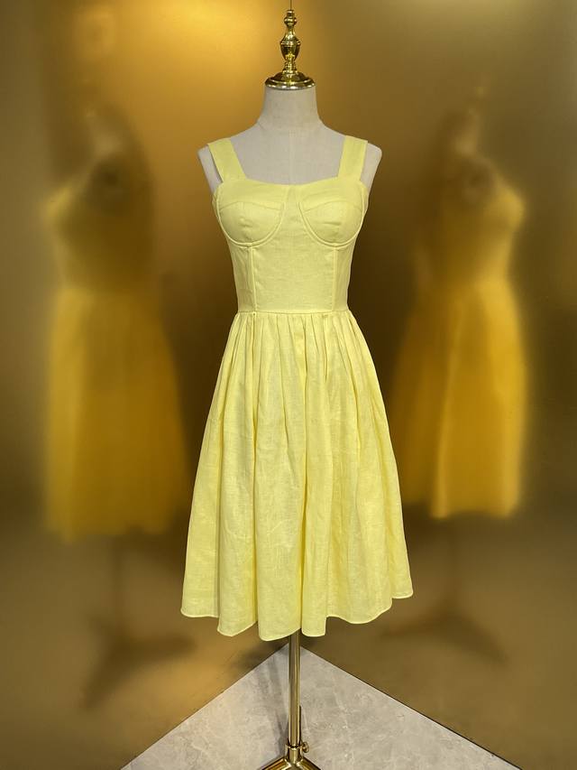 Yellow Linen Fashion Suspender Dress Smlxlxxl