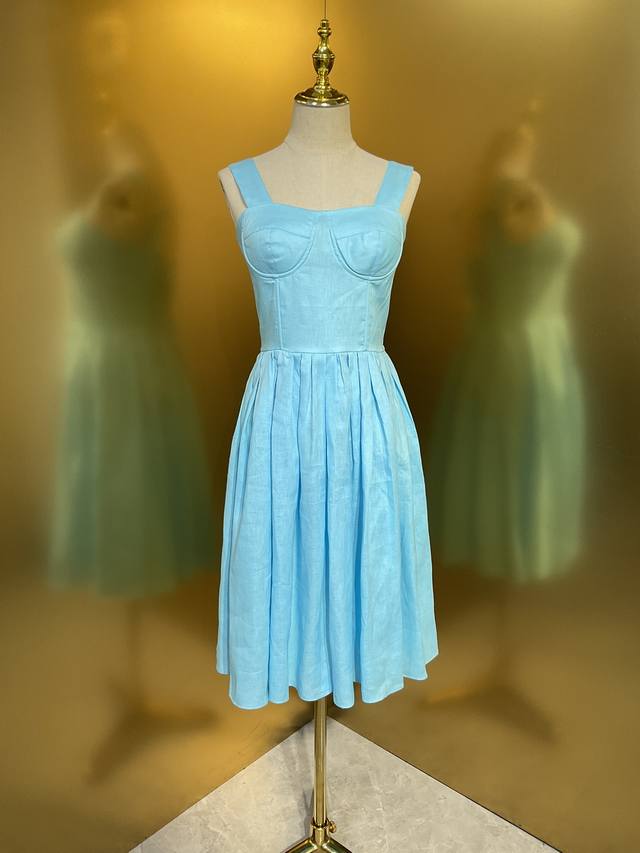 Blue Linen Fashion Suspender Dress Smlxlxxl