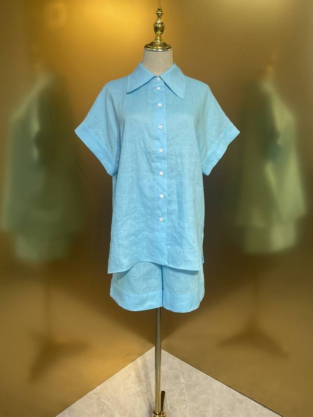 Blue Linen Fashion Shirt Shorts Smlxlxxl