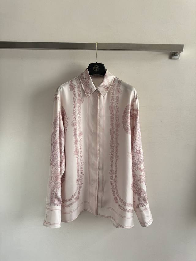 Herme* 25Ss new Brides Gala Cn Fleurs printed silk shirt, high version 100% silk