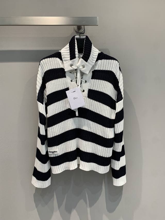 Original development Cd2025 early autumn new navy retro striped lace-up knitted