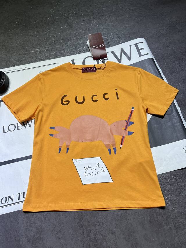 Pp New] Gucc*-*Gucci printed cotton T-shirt short sleeves are out, super yellow,