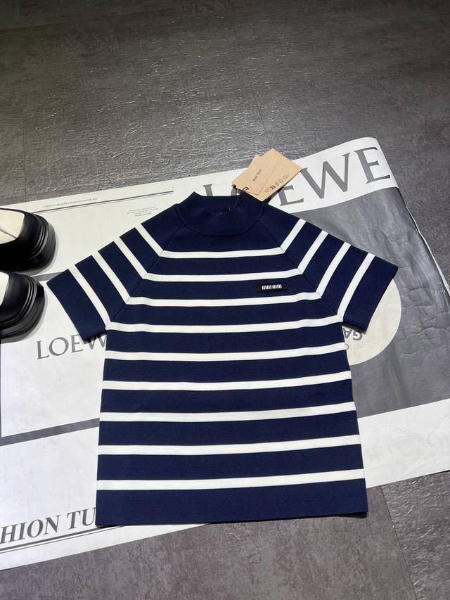 Pp Miumi* New striped shoulder short sleeves for early autumn, classic blue and