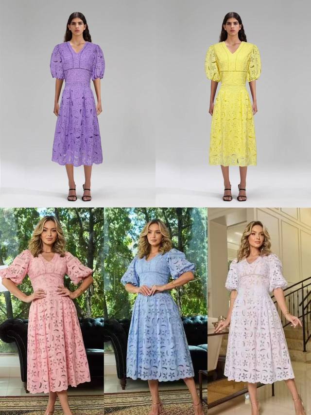 New V-neck embroidery hollow puff sleeve waist dress Smlxl