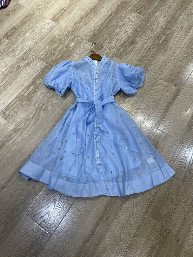 New Stand collar solid color puff sleeve button dress Smlxl