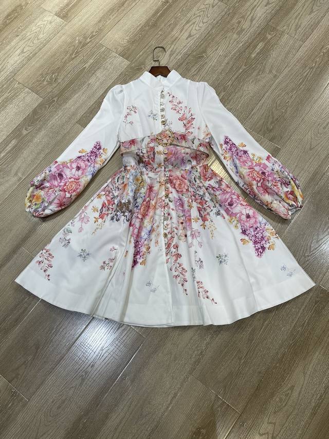 New Stand collar buttoned lantern sleeves printed belt dress Smlxl