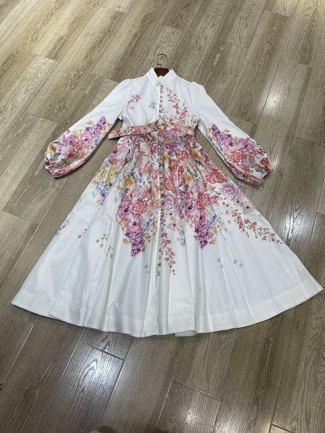 New Stand collar buttoned lantern sleeves printed dress Smlxl