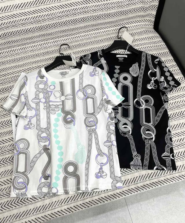 25Ss New early spring Hermes lock rope print logo letter pattern T-shirt! Highly