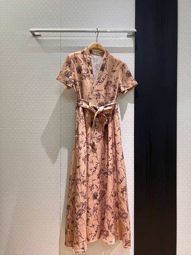 New retro printed V-neck linen dress long skirt with belt waist and pockets on b