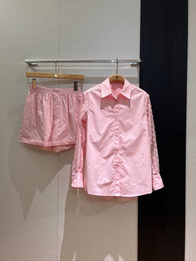 Tops and shorts new custom jacquard old flower pink shirt shorts sleeves back st