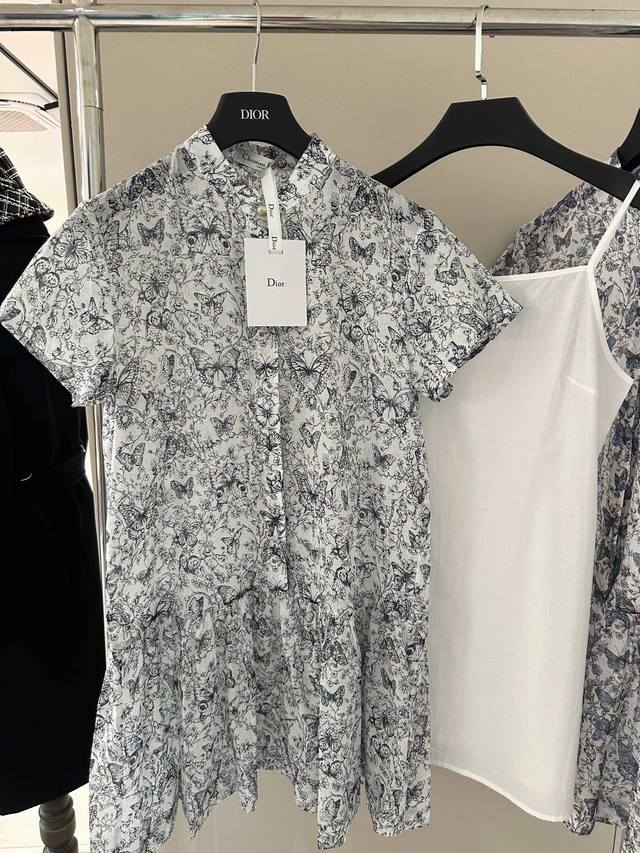 Dio black and white butterfly print cotton short-sleeved dress The thin cotton m