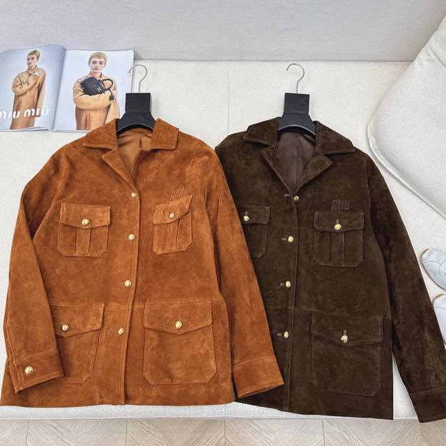 Miu 25Ss Early Autumn latest retro brown suede lapel work jacket leather coat Mi