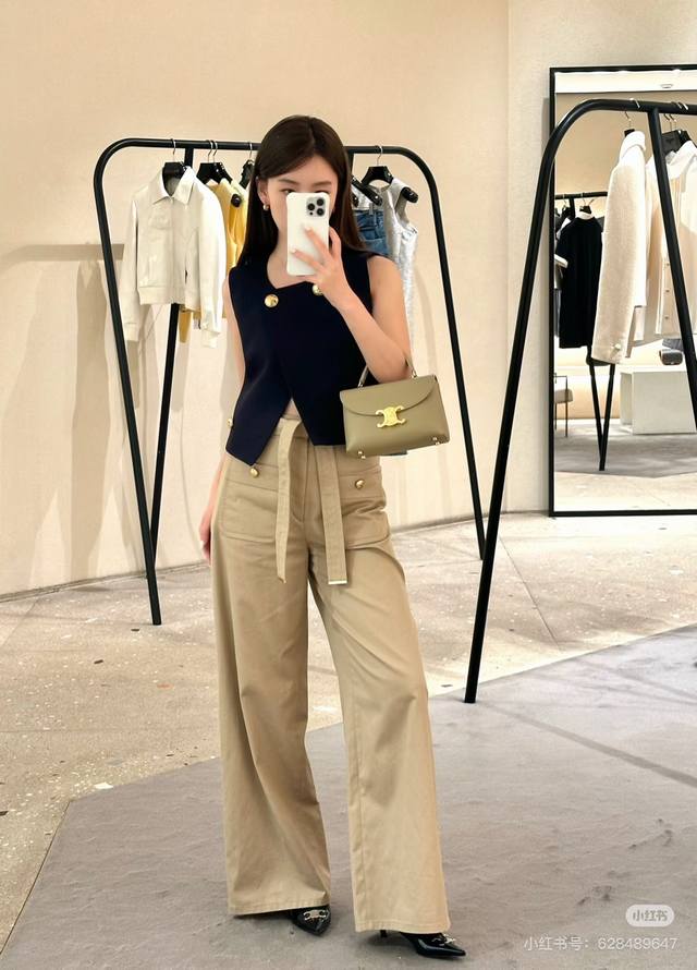 25New double pocket straps casual workwear wide-leg pants hardware accessories a