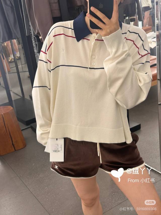 Celin* 25Ss Early Spring new button-down embroidered knitted short Polo top. Ori