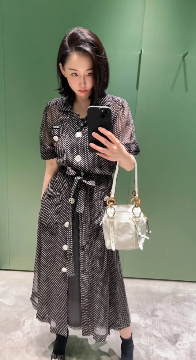 Prad*2025 new silk polka dot two-piece long skirt with belt. Original high-end p