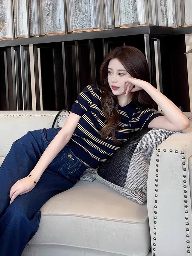 Top Miu striped Polo collar letter embroidered ice silk short-sleeved straight s