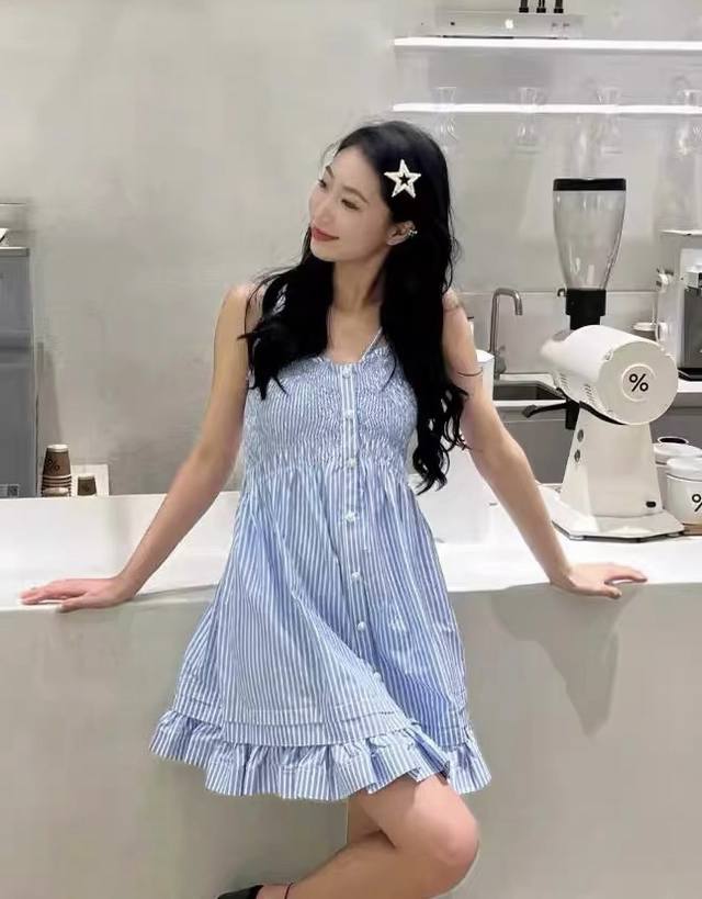 Dress New summer striped princess dress with suspenders and fresh lace blue pure